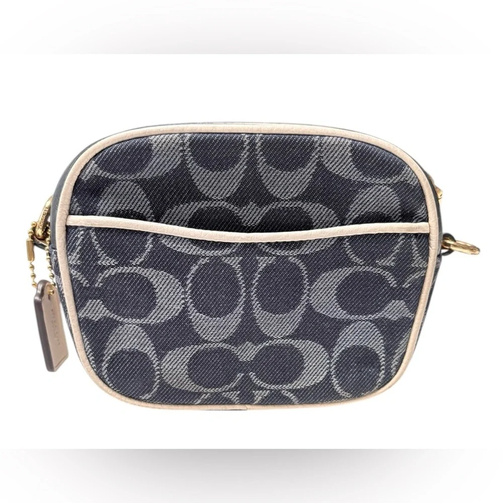 Coach Mini Dempsey Camera Bag in Signature Denim with Rainbow Web Strap